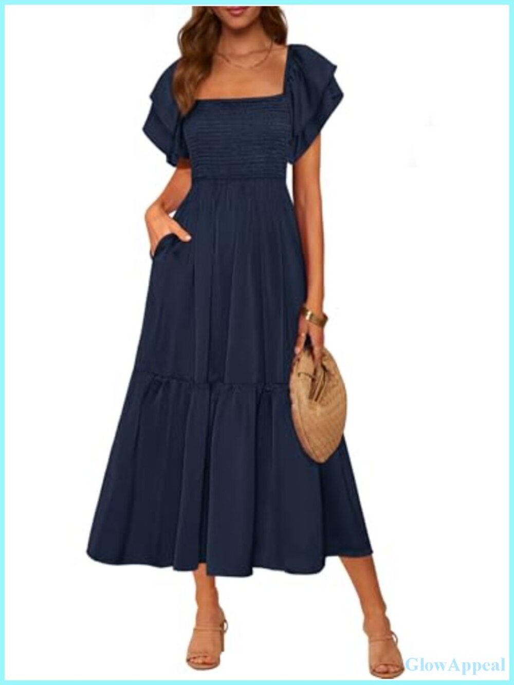 Smocked Flowy Midi Dress Square Neck Ruffle Sleeve Pockets Casual